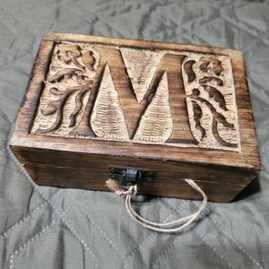 Monogram letter M Carved Wooden Keepsake Box Jewelry Chest